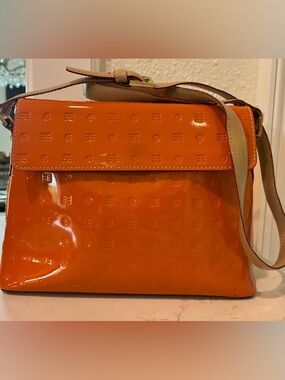 Arcadia Patent Orange Shoulder Crossbody with Tan Strap
